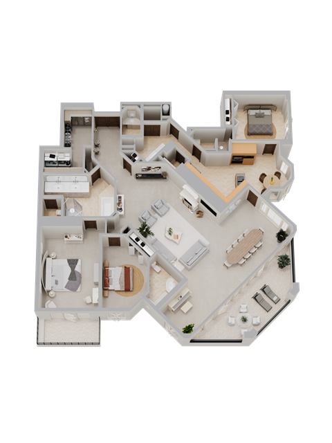 a 3d floor plan of a house with a swimming pool